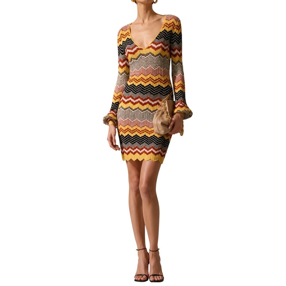 Ronny Kobo Collection Zigzag Knit Mini Dress in Yellow, Black, Brown